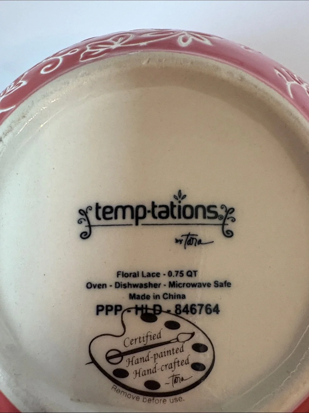 Temp-tations by Tara Floral Lace 0.75 Qt Coral & Cream Ceramic Serving Bowl.